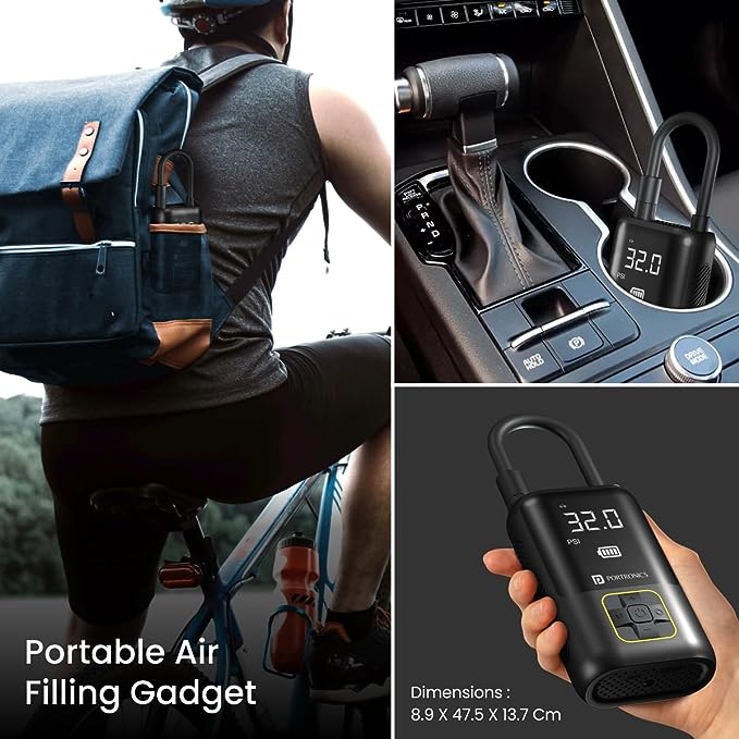 Portronics Vayu Portable Tyre Inflator/Air Compressor with Digital Display, 4000 mAh Battery, Auto Shut Off Suitable for Cars, Motorcycles, Bicycles Portronics Vayu Portable Tyre Inflator/Air Compressor with Digital Display, 4000 mAh Battery, Auto Shut Off Suitable for Cars, Motorcycles, Bicycles